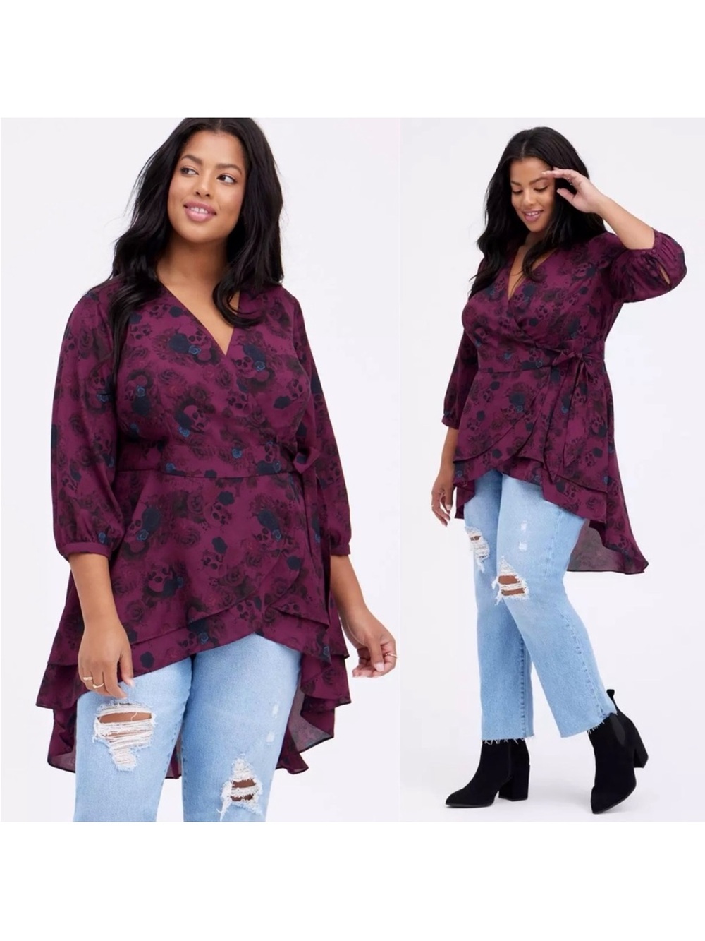 Torrid Georgette Wrap Tunic Blouse Floral Skull Gothic 1X